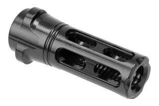 Caged 1/2x28 flash hider for AR-15 rifle, black.